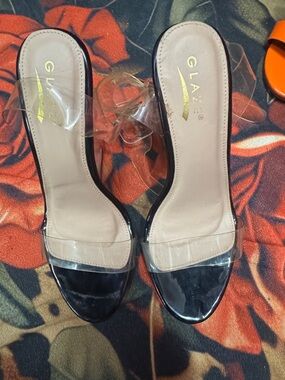 Glaze Black Slip-On Heels with Clear Straps